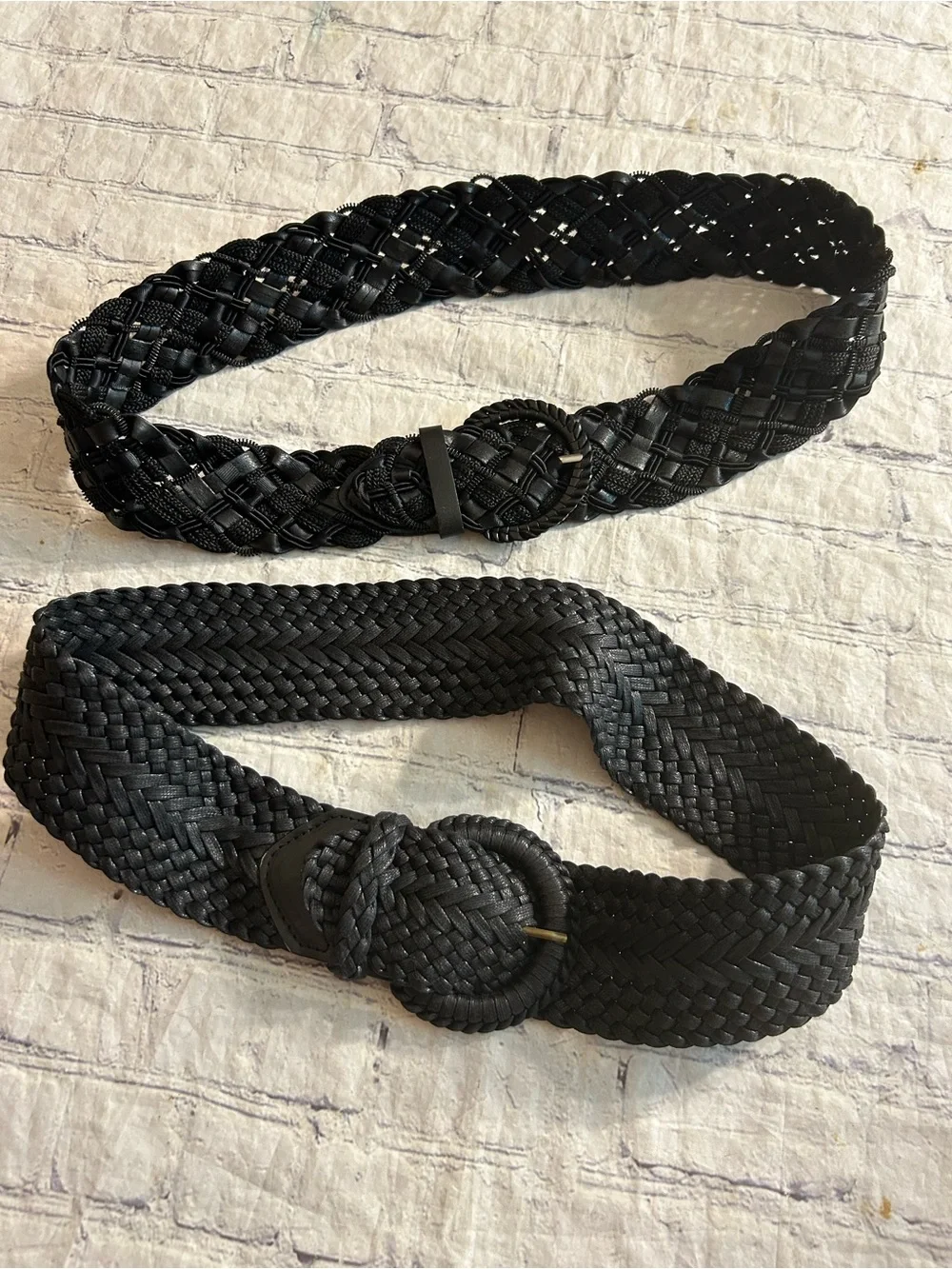 LOT OF (2) BLACK BRAIDED WOVEN WIDE BELTS 100% COTTON & POLYESTER BLEND M/L